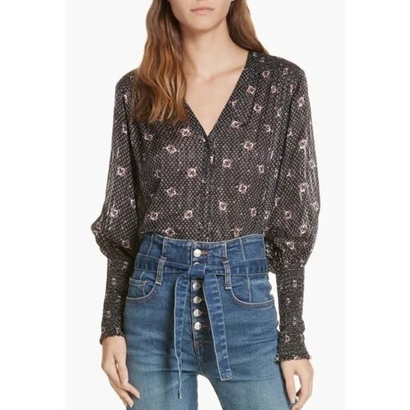 Veronica Beard Maree Smock Cuff Silk Blouse Black Silk Size 6 MSRP $450 - Picture 1 of 14